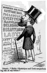 Hallo! Maskelyne und Cook führen einen meiner Tricks vor!, satirische Karikatur von Sir Charles Dilke, ca. 1886